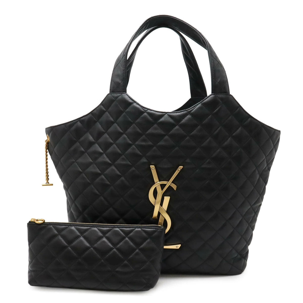 SAINT LAURENT PARIS YSL Yves Icart Maxi Shopping Tote Bag Lambskin Black Pouch